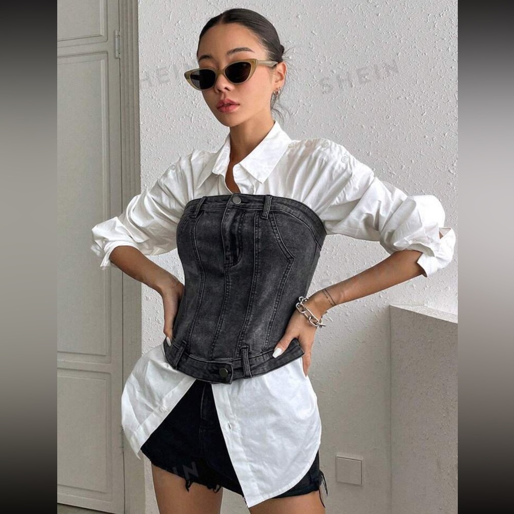 Solid Button Front Tube Denim Top Without White B… - image 1